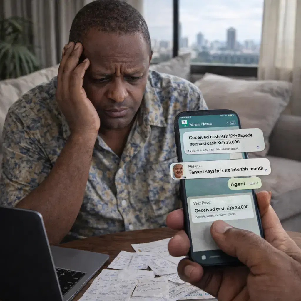 A stressed Kenyan landlord looking at handwritten rental statements and receipts, holding a phone and calculator.